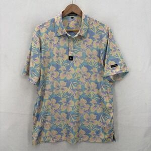 Byrdgang Polo Shirt Mens Medium Blue Yellow Floral Golf Performance Stretch